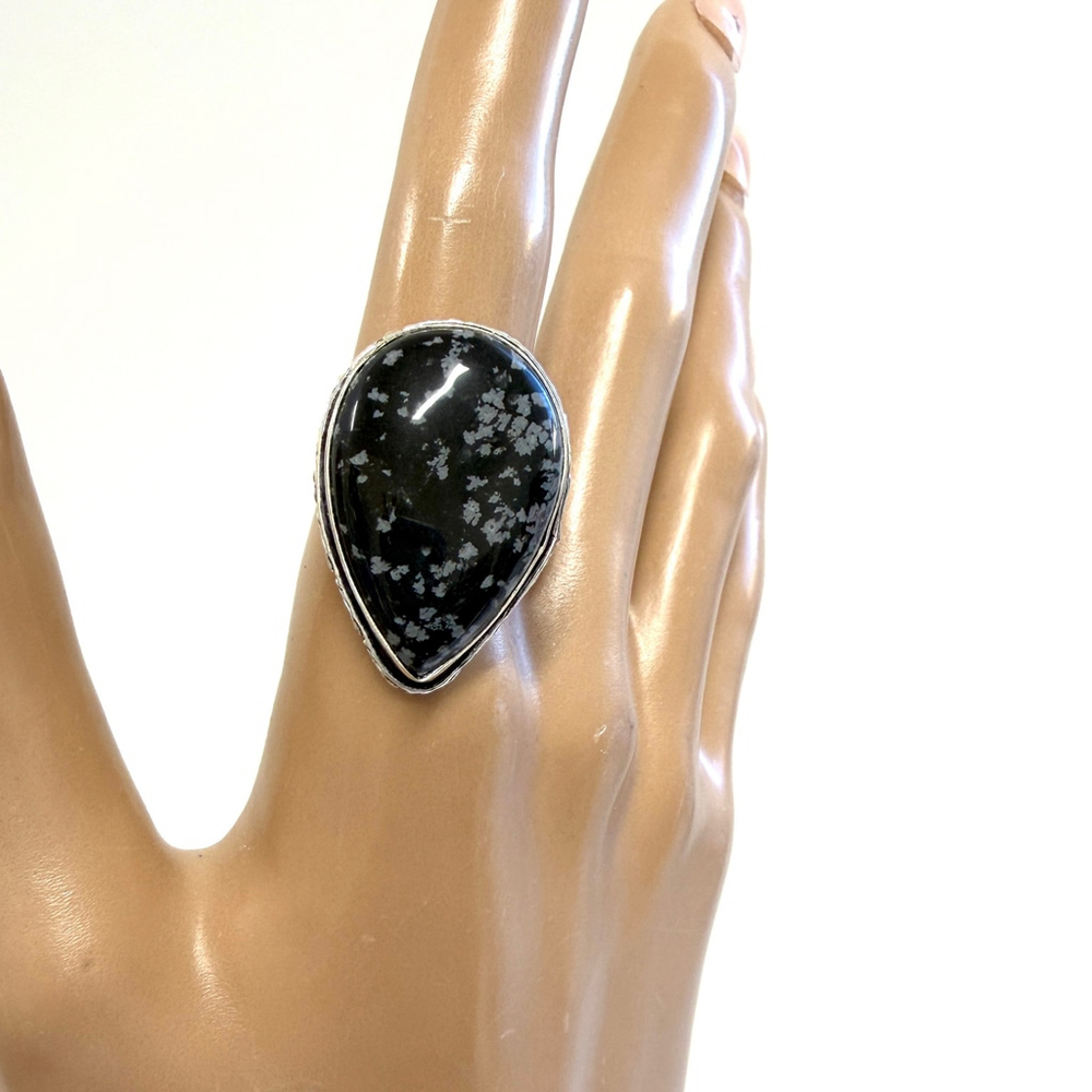 Handmade Ring Snowflake Obsidian Silver Plated Teardrop Adjustable 7–10
